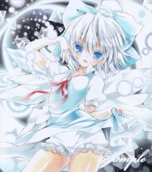 Rule 34 | 1girl, ayuayu (chisuke ayu), bad id, bad pixiv id, bloomers, blue dress, blue eyes, bow, cirno, clothes lift, dress, dress lift, hair bow, ice, ice wings, looking at viewer, marker (medium), open mouth, puffy sleeves, sample watermark, shirt, short sleeves, silver hair, smile, solo, touhou, traditional media, underwear, watermark, wings