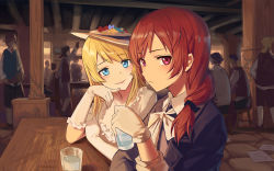 Rule 34 | 10s, 2girls, ayase eli, black jacket, blue eyes, blush, collared shirt, cup, dress, drinking glass, flower, formal, frilled dress, frills, glass, gloves, hair over shoulder, hand on own cheek, hand on own face, hat, hat flower, head tilt, highres, huanxiang heitu, indoors, jacket, long hair, looking at viewer, looking to the side, love live!, love live! school idol project, multiple girls, necktie, nishikino maki, people, ponytail, scrunchie, shirt, short hair, sleeves rolled up, smile, table, white dress, white gloves, white shirt