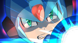 1boy arm_cannon blue_helmet clenched_teeth close-up forehead_jewel green_eyes h2o_(gueguecamp) helmet male_focus mega_man_(series) mega_man_x_(series) powering_up solo teeth twitter_thumbnail_collage weapon x_(mega_man)