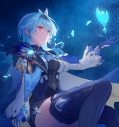 Rule 34 | 1girl, blue footwear, blue gloves, blue hair, bodystocking, boots, breasts, brown eyes, covered navel, dark hound 3, eula (genshin impact), feet out of frame, genshin impact, gloves, hair ornament, hairband, hand up, highres, long sleeves, medium breasts, night, night sky, outdoors, parted lips, short hair, sitting, sky, solo, thigh boots, thighhighs, thighs, vision (genshin impact)