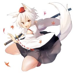 Rule 34 | 1girl, animal ear fluff, animal ears, autumn leaves, bare shoulders, black skirt, breasts, commentary request, detached sleeves, fang, hair between eyes, hat, highres, holding, holding sword, holding weapon, inubashiri momiji, kamukamu (ars), katana, large breasts, long sleeves, looking at viewer, open mouth, pom pom (clothes), red eyes, red footwear, ribbon-trimmed sleeves, ribbon trim, scabbard, sheath, sheathed, shirt, shoes, short hair, silver hair, simple background, skirt, solo, sword, tail, thighs, tokin hat, touhou, v-shaped eyebrows, weapon, white background, white shirt, wide sleeves, wolf ears, wolf tail