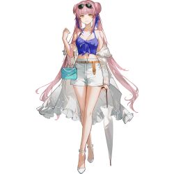 Rule 34 | 1girl, arknights, bag, bare shoulders, bead necklace, beads, belt, blue coat, blunt bangs, breasts, camisole, ceylon (arknights), ceylon (holiday) (arknights), cleavage, closed umbrella, coat, crop top, crossed legs, double bun, eyewear on head, full body, hair bun, hand up, handbag, holding, holding umbrella, jewelry, long hair, looking at viewer, medium breasts, midriff, necklace, off shoulder, official alternate costume, official art, open clothes, open coat, orange belt, pink hair, shorts, skade, solo, spaghetti strap, standing, sunglasses, thighs, transparent background, twintails, umbrella, very long hair, watson cross, white footwear, white shorts, yellow eyes