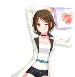 Rule 34 | 1girl, ;p, belt, bike shorts, black choker, black shorts, blush, breasts, brown eyes, brown hair, choker, cleavage, earrings, heart, hoop earrings, idol wars z, jacket, jewelry, licking lips, looking at viewer, nagato haruka, official art, one eye closed, shirt, short shorts, shorts, small breasts, standing, tablet pc, third-party source, tongue, tongue out, transparent background, white jacket, white shirt
