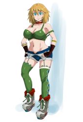 Rule 34 | 1girl, annie (saga frontier), bad id, bad pixiv id, blonde hair, breasts, cleavage, gloves, green eyes, hanemikakko, large breasts, saga, saga frontier, shoes, short hair, shorts, smile, solo, square enix, thighhighs
