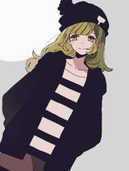 Rule 34 | 1girl, beanie, blush stickers, green eyes, green hair, hands in pockets, hat, head tilt, highres, jacket, long hair, long sleeves, looking to the side, maco22, original, pom pom (clothes), pom pom beanie, shirt, smile, solo, striped clothes, striped shirt