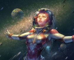 Rule 34 | 1girl, blue eyes, bodysuit, breasts, chen yue, helmet, large breasts, lips, md5 mismatch, nose, outstretched arms, pink hair, planet, realistic, resized, resolution mismatch, science fiction, short hair, solo, source smaller, space, spacesuit, upscaled
