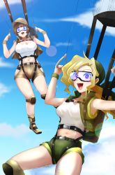 Rule 34 | 2girls, :d, belt, blonde hair, blurry, bokeh, boots, breasts, brown hair, cloud, commission, depth of field, fio germi, full body, goggles, green shorts, highres, holding, kasamoto eri, knee pads, long hair, looking at viewer, metal slug, midriff, multiple girls, navel, open mouth, outdoors, parachute, purple eyes, shirt, shorts, signature, skeb commission, sky, skydive, sleeveless, smile, teeth, thighs, tina orz, upper teeth only, vest, white shirt