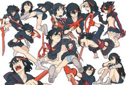 Rule 34 | &gt;:(, &gt;:), 1girl, arms up, black hair, blue eyes, blue panties, blue shirt, blue skirt, breasts, collarbone, collared shirt, from above, from below, from side, gloves, grin, hand on own chin, hand on own forehead, holding, holding weapon, jacket, jumping, kill la kill, looking at viewer, looking down, looking to the side, looking up, matoi ryuuko, midair, miniskirt, multicolored hair, multiple views, navel, neck ribbon, neckerchief, open mouth, panties, pleated skirt, putting on gloves, red gloves, red neckwear, ribbon, sailor collar, school uniform, senketsu, serafuku, shima (landsuzume), shirt, shoes, short hair, sideboob, simple background, single glove, sitting, skirt, smile, spread legs, standing, streaked hair, striped clothes, striped panties, sukajan, suspender skirt, suspenders, swinging, underwear, v-shaped eyebrows, weapon, white background, white footwear