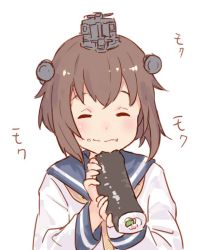 Rule 34 | 1girl, :t, bad id, bad twitter id, blue sailor collar, blush, brown hair, closed eyes, closed mouth, commentary request, eating, ehoumaki, facing viewer, food, food on face, food request, happy, headgear, holding, holding food, kantai collection, km yama, long sleeves, makizushi, neckerchief, sailor collar, school uniform, serafuku, short hair, simple background, smile, solo, sushi, white background, yellow neckerchief, yukikaze (kancolle)