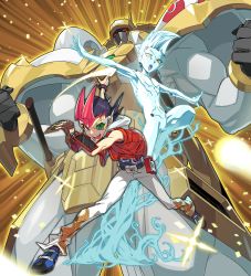 Rule 34 | 2boys, absurdres, alien, arm up, armor, astral (yu-gi-oh!), bare shoulders, belt, black hair, blue footwear, blue hair, bracelet, brown gloves, card, clenched hands, colored tongue, duel disk, duel monster, fingerless gloves, fingernails, gloves, glowing, hico, highres, holding, holding card, hood, hood down, huge filesize, jacket, jewelry, light rays, male focus, multicolored hair, multiple boys, muscular, navel, nude, number 39 utopia, open clothes, open jacket, open mouth, pauldrons, purple tongue, red eyes, red hair, red jacket, scabbard, sheath, sheathed, shoulder armor, single glove, smile, sparkle, sword, teeth, tongue, tsukumo yuuma, visor, weapon, white legwear, yu-gi-oh!, yu-gi-oh! zexal