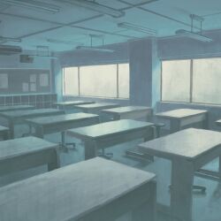 Rule 34 | blue theme, classroom, commentary request, desk, fluorescent lamp, gensuke (ryun), highres, indoors, no humans, original, scenery, school, school desk, stool, variant set, window