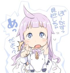 Rule 34 | 1girl, ahoge, azur lane, blue eyes, blush, child, detached sleeves, dress, flying sweatdrops, furrowed brow, ham (points), holding, holding stuffed toy, index finger raised, light purple hair, long hair, long sleeves, lowres, open mouth, simple background, solo, stuffed toy, stuffed unicorn, translation request, unicorn (azur lane), white background, white dress, white sleeves