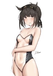 Rule 34 | 1girl, arm around waist, arm at side, bare arms, bare shoulders, black hairband, blush, breasts, brown eyes, brown hair, cleavage, closed mouth, collarbone, condom, condom in mouth, condom wrapper, covered navel, cowboy shot, driftkingtw, embarrassed, frown, hair flaps, hairband, hatsuzuki (kancolle), kantai collection, leotard, looking at viewer, medium breasts, mouth hold, navel, pussy, see-through, see-through leotard, short hair, short ponytail, signature, simple background, solo, strapless, strapless leotard, sweat, white background
