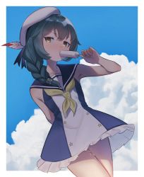 Rule 34 | 1girl, arm behind back, azur lane, blue sky, blush, braid, cloud, collarbone, commentary, dress, dutch angle, food, food in mouth, foote (azur lane), green hair, hat feather, head tilt, highres, looking at viewer, medium hair, neckerchief, outdoors, popsicle, popsicle in mouth, pretty mundane, sailor collar, shadow, single braid, sky, sleeveless, sleeveless dress, solo, standing, sweat, yellow eyes, yellow neckerchief