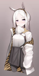 Rule 34 | 1girl, absurdres, arknights, beudelb, black pantyhose, black skirt, closed mouth, commentary request, cropped legs, forehead, grey background, heavyrain (arknights), highres, jacket, korean commentary, long hair, off shoulder, open clothes, open jacket, pantyhose, parted bangs, pleated skirt, purple eyes, shirt, skirt, solo, white hair, white jacket, white shirt