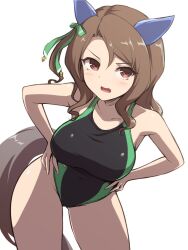 Rule 34 | 1girl, animal ears, bare shoulders, black one-piece swimsuit, breasts, brown eyes, brown hair, cowboy shot, ear covers, hands on own hips, horse ears, horse girl, horse tail, king halo (umamusume), looking at viewer, one-piece swimsuit, parted bangs, pataneet, solo, swimsuit, tail, thighs, umamusume, wavy hair, white background