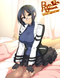 Rule 34 | 1girl, agawa ryou, artist name, bad id, bad tumblr id, bed, black hair, borrowed character, breasts, brown eyes, buttons, curtains, fingerless gloves, glasses, gloves, jacket, large breasts, original, pantyhose, pillow, pocket, short hair, sitting, skirt, smile, solo, watermark
