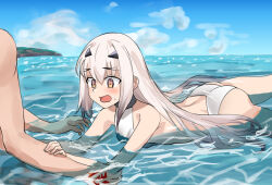 1boy 1girl absurdres ass bare_shoulders blue_sky blush breasts brown_hair command_spell das_(dan_dan) fate/grand_order fate_(series) forked_eyebrows fujimaru_ritsuka_(male) highres long_hair melusine_(fate) ocean one-piece_swimsuit open_mouth sidelocks sky small_breasts swimming swimsuit thighs white_hair white_one-piece_swimsuit