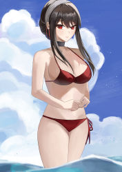 Rule 34 | 1girl, absurdres, bikini, black choker, black hair, blue sky, blush, breasts, choker, closed mouth, cloud, cowboy shot, hairband, highres, large breasts, looking at viewer, ocean, outdoors, raised eyebrows, red bikini, red eyes, riel (ataraxia2334), shy, sky, solo, spy x family, swimsuit, wading, water, white hairband, yor briar