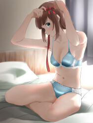 Rule 34 | 1girl, adjusting hair, amami haruka, bare legs, bare shoulders, bed, bed sheet, bedroom, blue bra, blue panties, blurry, blurry background, blush, bra, breasts, brown hair, cleavage, collarbone, commentary request, commission, curtains, depth of field, full body, green eyes, grey curtains, hair ribbon, highres, idolmaster, idolmaster (classic), idolmaster million live!, indoors, looking at viewer, mouth hold, navel, on bed, panties, partial commentary, pillow, pixiv commission, red ribbon, ribbon, sideways glance, sitting, small breasts, solo, stomach, tama (tamago), underwear, underwear only, yokozuwari