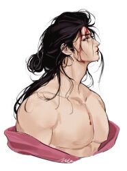 Rule 34 | 1boy, adam&#039;s apple, black hair, blood, blood on face, closed mouth, cropped torso, highres, injury, izou (one piece), japanese clothes, kimono, large pectorals, long hair, looking up, male focus, messy hair, muscular, muscular male, nipples, one piece, partially undressed, pectorals, pink kimono, red lips, serious, upper body, vamos mk, white background