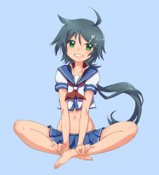 Rule 34 | 10s, 1girl, ahoge, bad id, bad pixiv id, barefoot, blue background, crop top, crop top overhang, feet, green eyes, green hair, grin, hair ornament, hairclip, hands on feet, indian style, kako (kancolle), kantai collection, kawagoe pochi, looking at viewer, matching hair/eyes, midriff, navel, personification, school uniform, serafuku, sitting, skirt, smile, solo