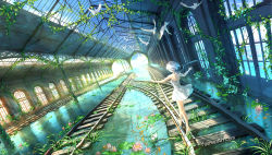 Rule 34 | 1girl, back, balancing, bare shoulders, bird, day, dove, dress, facing away, fish, flower, from behind, highres, light rays, lotus, ocean, original, outdoors, outstretched arms, plant, railroad tracks, reflection, ruins, short dress, short hair, solo, spread arms, standing, train station, walking, water surface, watermark, web address, white dress, white hair, yuumei