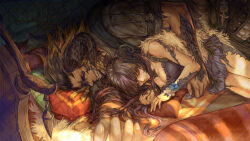 Rule 34 | 1boy, 1girl, arm around waist, arm rest, au ra, bare arms, bare shoulders, behind another, black hair, black horns, blonde hair, breasts, cleavage, closed eyes, closed mouth, couple, dark-skinned male, dark skin, dress, final fantasy, final fantasy xiv, fingernails, half-closed eye, hand rest, head on pillow, height difference, horns, indoors, l&#039;estate, lips, long hair, looking at another, lying, magnai oronir, medium breasts, multicolored hair, on side, outstretched arm, pants, pillow, purple hair, scales, shirt, short dress, short sleeves, sleeping, warrior of light (ff14)