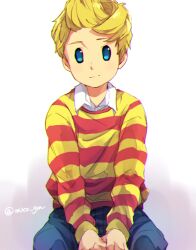 Rule 34 | 1boy, artist name, blonde hair, blue eyes, blue pants, blush, closed mouth, collared shirt, commentary request, grey background, light blush, long sleeves, looking at viewer, lucas (mother 3), male focus, mimxxpk, mother (game), mother 3, multicolored clothes, nintendo, own hands together, pants, quiff, shirt, short hair, simple background, sitting, smile, solo, striped clothes, striped sweater, sweater, twitter username, two-tone sweater, white background, white shirt, wing collar