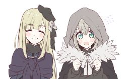 Rule 34 | 2girls, :d, black cape, black capelet, black headwear, black ribbon, blonde hair, blush, blush stickers, cape, capelet, chili-tomato (gekikaraya), clenched hands, closed eyes, closed mouth, commentary request, facing viewer, fate (series), flying sweatdrops, fur collar, fur trim, gray (fate), green eyes, grey hair, hair between eyes, hair ornament, hair ribbon, hands up, hat, highres, hood, hood up, jacket, long hair, long sleeves, lord el-melloi ii case files, multiple girls, open mouth, reines el-melloi archisorte, ribbon, simple background, sketch, smile, sweatdrop, upper body, white background