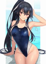 Rule 34 | 1girl, bare arms, bare legs, bare shoulders, black hair, black one-piece swimsuit, blush, brown eyes, closed mouth, collarbone, competition swimsuit, groin, hair between eyes, highleg, highleg swimsuit, highres, kantai collection, kasumi (skchkko), long hair, one-piece swimsuit, ponytail, sitting, smile, solo, swimsuit, very long hair, yahagi (kancolle)