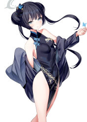 Rule 34 | 1girl, black dress, black jacket, blue archive, breasts, butterfly hair ornament, china dress, chinese clothes, commentary, covered navel, double bun, dragon print, dress, grey eyes, grey halo, hair bun, hair ornament, halo, highres, jacket, kisaki (blue archive), long hair, looking at viewer, medium breasts, pelvic curtain, print dress, ririko (zhuoyandesailaer), simple background, sleeveless, sleeveless dress, solo, striped clothes, striped jacket, thighs, twintails, vertical-striped clothes, vertical-striped jacket, white background