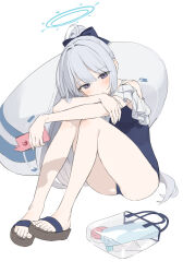 Rule 34 | 1girl, absurdres, bare legs, blue archive, blue halo, blue one-piece swimsuit, blush, cellphone, closed mouth, frilled one-piece swimsuit, frills, grey hair, halo, highres, holding, holding phone, innertube, long hair, miyako (blue archive), miyako (swimsuit) (blue archive), nanmo (nanmokamo), official alternate costume, one-piece swimsuit, phone, ponytail, purple eyes, sandals, simple background, smartphone, solo, swim ring, swimsuit, white background