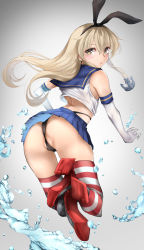 Rule 34 | 1girl, anchor hair ornament, ass, black hairband, black panties, blonde hair, blue sailor collar, blue skirt, crop top, elbow gloves, from behind, full body, gloves, grey eyes, hair ornament, hairband, highleg, highleg panties, highres, kantai collection, long hair, looking at viewer, looking back, microskirt, miniskirt, panties, partially visible vulva, pleated skirt, rudder footwear, sailor collar, shimakaze (kancolle), skirt, solo, striped clothes, striped thighhighs, thighhighs, tororo ten, underwear, water, white gloves