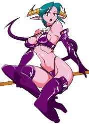 Rule 34 | 1girl, boots, breasts, carrera, demon girl, elbow gloves, gloves, green hair, horns, large breasts, navel, pointy ears, purple gloves, red eyes, solo, thigh boots, thighhighs, underwear, viper, viper gts, watatanza