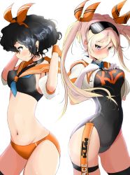 Rule 34 | 10s, 2girls, alternate costume, amano onsa, arched back, bakuon!!, black hair, blonde hair, blue eyes, breasts, embarrassed, from side, hair between eyes, hair ribbon, hairband, hands on own chest, highres, long hair, looking down, multiple girls, one-piece swimsuit, race queen, ribbon, shisonoha, small breasts, smile, suzunoki rin, swimsuit, twintails, wavy mouth