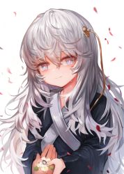 Rule 34 | 1girl, bad id, bad pixiv id, blue eyes, blue nails, bright pupils, commentary request, crying, crying with eyes open, dokomon, flower, girls&#039; frontline, grey hair, hair ornament, head tilt, highres, jewelry, korean commentary, long hair, long sleeves, military, military uniform, nail polish, petals, pov, ribeyrolles (girls&#039; frontline), ring, simple background, smile, solo focus, tears, uniform, very long hair, white background, white flower