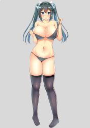 Rule 34 | 10s, 1girl, alternate costume, bad id, bad twitter id, bare arms, bare shoulders, bikini, black bikini, black thighhighs, blue eyes, blue hair, blush, bow, breasts, cleavage, closed mouth, collarbone, full body, grey background, groin, hair bow, hairband, isuzu (kancolle), kantai collection, kisaragi nana, large breasts, long hair, looking at viewer, matching hair/eyes, navel, pulling own clothes, sideboob, simple background, smile, solo, standing, stomach, strap pull, swimsuit, thighhighs, twintails, undressing, white bow