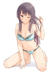 Rule 34 | 1girl, :&gt;, arm support, arm up, between legs, black hair, blue bra, blue panties, blush, bow, bow panties, bra, breasts, cleavage, closed mouth, full body, groin, holding, holding hair, kneeling, leaning forward, long hair, looking at viewer, medium breasts, mikazuchi zeus, navel, original, panties, simple background, smile, solo, stomach, underwear, underwear only, white background, yellow eyes