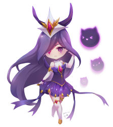 Rule 34 | 1girl, alternate costume, alternate hair color, alternate hairstyle, boots, chibi, elbow gloves, energy ball, eyepatch, familiar, forehead protector, gloves, grin, highres, league of legends, long hair, magical girl, purple eyes, purple hair, skirt, smile, solo, star (symbol), star guardian (league of legends), star guardian syndra, syndra, thigh boots, thighhighs
