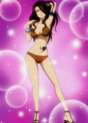 Rule 34 | 1girl, armband, armpits, bikini, blush, bracelet, breasts, brown hair, cana alberona, cleavage, curvy, fairy tail, hair over one eye, high heels, highres, jewelry, large breasts, legs, long hair, navel, sandals, screencap, solo, sparkle, standing, stitched, striped bikini, striped clothes, swimsuit, tattoo, third-party edit