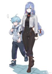 Rule 34 | ..., 1boy, 1girl, absurdres, age difference, ahoge, alternate costume, arm at side, arm grab, aunt and nephew, backpack, bag, black pants, blue bag, blue eyes, blue hair, boots, braid, breasts, brown footwear, chongyun (genshin impact), closed mouth, commentary request, cropped jacket, earrings, embarrassed, eyes visible through hair, full body, genshin impact, gluteal fold, grey hoodie, grey jacket, hair over one eye, hair ribbon, high collar, highres, hood, hood down, hoodie, jacket, jewelry, jun (navigavi), knee boots, light blush, long hair, long sleeves, looking at viewer, low-braided long hair, low-tied long hair, medium breasts, messy hair, pants, red ribbon, ribbon, shenhe (genshin impact), sidelocks, simple background, single braid, speech bubble, standing, standing on one leg, swept bangs, thigh gap, very long hair, walking, weibo logo, weibo watermark, white background