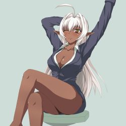 Rule 34 | 1girl, ahoge, arms up, bad id, bad pixiv id, blush, breasts, business suit, cleavage, dark-skinned female, dark elf, dark skin, elf, formal, frown, green eyes, large breasts, legs, crossed legs, long hair, long legs, makeup, minahase karin, multicolored eyes, office lady, one eye closed, open clothes, open mouth, open shirt, original, pointy ears, red eyes, shirt, sitting, solo, stretching, suit, thighs, white hair, wink