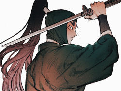 Rule 34 | 1boy, arm guards, brown hair, frown, green headwear, hair tubes, hand up, head scarf, high ponytail, holding, holding sword, holding weapon, ine (zx o4), japanese clothes, long hair, long sleeves, looking away, male focus, ninja, ponytail, profile, rakudai ninja rantarou, simple background, solo, sword, tachibana senzou, unsheathed, weapon, white background