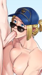 Rule 34 | 1boy, 1girl, artist name, blonde hair, blue eyes, breast press, breasts, capcom, completely nude, efd, fellatio, final fight, final fight 3, hat, hetero, large breasts, looking over eyewear, looking over glasses, looking up, lucia morgan, nipples, nude, oral, penis, police, police uniform, policewoman, ponytail, shiny skin, street fighter, street fighter v, sunglasses, tinted eyewear, uncensored, uniform