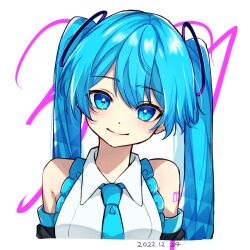 1girl 2022 arm_tattoo black_sleeves blue_eyes blue_hair blue_necktie breasts closed_mouth collared_shirt dated detached_sleeves hanami_haru hatsune_miku head_tilt necktie number_tattoo shirt smile solo tattoo twintails vocaloid white_shirt