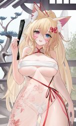 Rule 34 | 1girl, :d, absurdres, bandeau, bare shoulders, blonde hair, blue eyes, breasts, chinese clothes, commentary, commission, cowboy shot, derlyt, evoxy, facial mark, folding fan, hair ornament, hair stick, hand fan, hand up, head tilt, heterochromia, highres, holding, holding fan, indie virtual youtuber, large breasts, long hair, looking at viewer, multicolored hair, open mouth, pink hair, purple eyes, red ribbon, ribbon, see-through, smile, solo, standing, streaked hair, very long hair