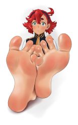 Rule 34 | 1girl, absurdres, barefoot, black hairband, blush, closed mouth, crossed ankles, feet, female focus, foot focus, green eyes, gundam, gundam suisei no majo, hair between eyes, hairband, highres, looking at viewer, red hair, shirow (mha03133), short hair, simple background, soles, suletta mercury, toes, white background