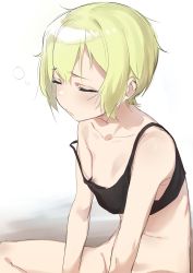 Rule 34 | 1girl, absurdres, bare shoulders, black tank top, blonde hair, blush, bottomless, breasts, closed eyes, closed mouth, erica hartmann, fankupl, highres, navel, nipple slip, nipples, no bra, no panties, short hair, simple background, sitting, sleepy, small breasts, solo, strike witches, tank top, tears, white background, world witches series