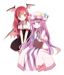Rule 34 | 2girls, :|, bat wings, black dress, blunt bangs, book, bow, capelet, closed mouth, collared shirt, crescent, crescent pin, dress, expressionless, hair ribbon, hat, hat bow, hat ribbon, head wings, holding, holding book, koakuma, long hair, looking at another, low-tied long hair, low wings, mob cap, mozukuzu (manukedori), multiple girls, nail polish, patchouli knowledge, puffy short sleeves, puffy sleeves, purple dress, purple eyes, purple hair, red eyes, red hair, ribbon, shirt, short sleeves, simple background, sitting, striped clothes, striped dress, touhou, tress ribbon, v arms, very long hair, vlh, white background, white shirt, wings